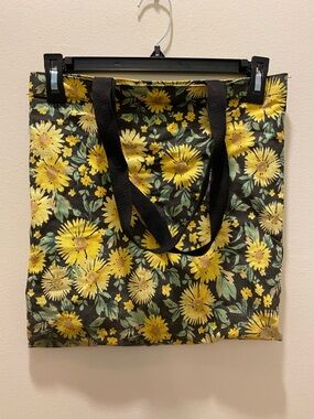 Yellow Floral Canvas Tote Bag with Black Straps